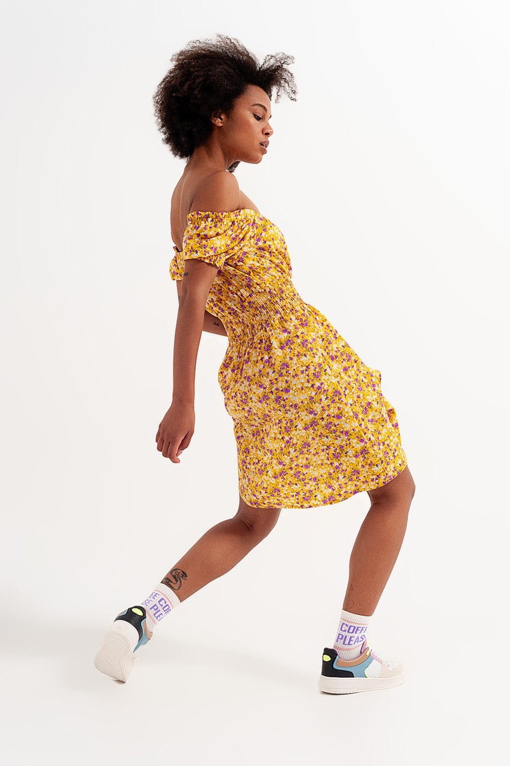 Mini Dress With Shirred Detail in Yellow Ditsy Floral Print - Mack & Harvie