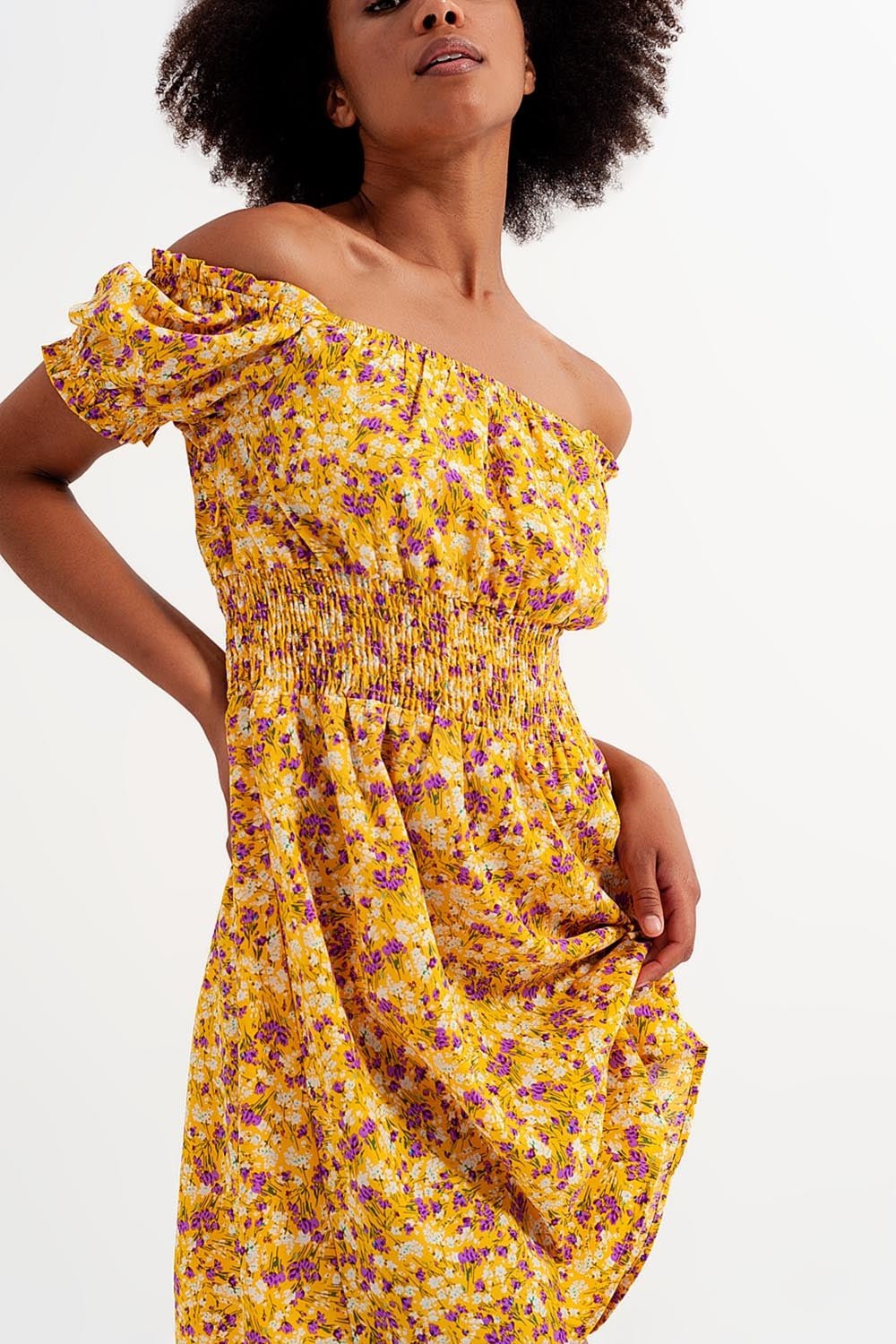 Mini Dress With Shirred Detail in Yellow Ditsy Floral Print - Mack & Harvie