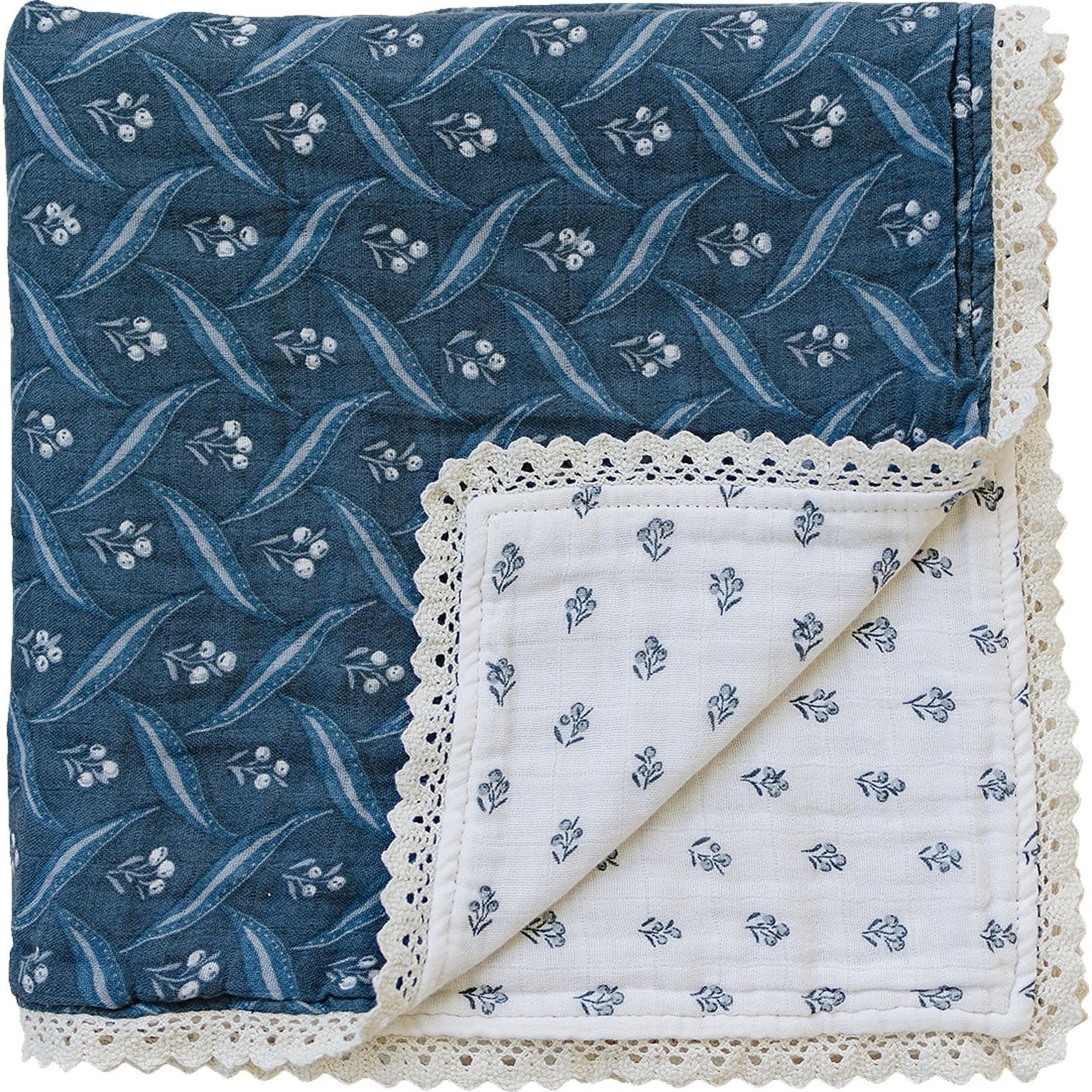 Navy Berry + Cream Berry Lace Muslin Quilt - Mack & Harvie