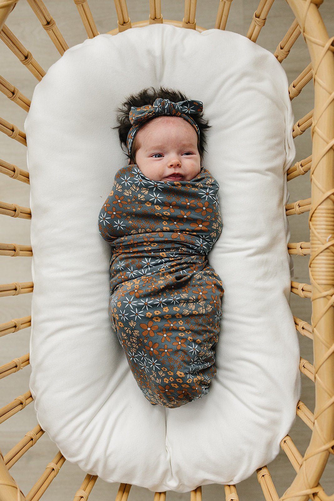 Navy Floral Bamboo Stretch Swaddle - Mack & Harvie