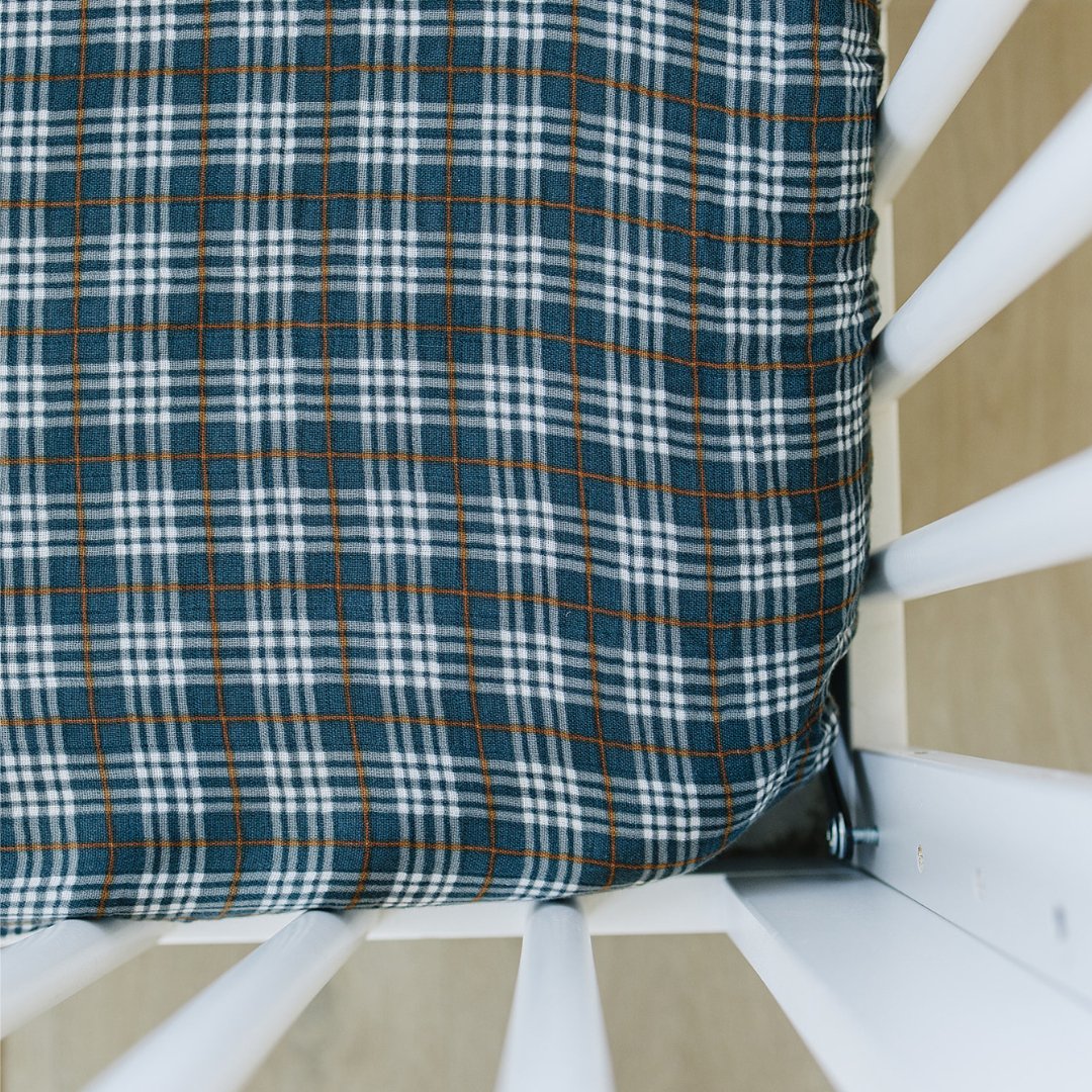 Navy Plaid Muslin Crib Sheet - Mack & Harvie