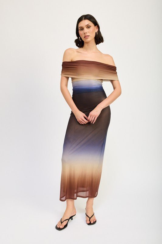 OFF SHOULDER OMBRE MIDI DRESS - Mack & Harvie