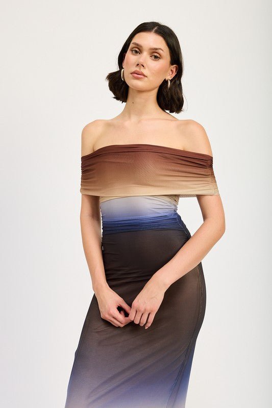 OFF SHOULDER OMBRE MIDI DRESS - Mack & Harvie