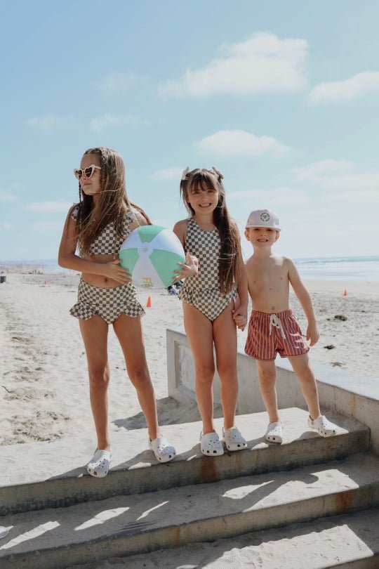 One Piece Girls Swim Suit | Wave Chaser Olive Checker - Mack & Harvie