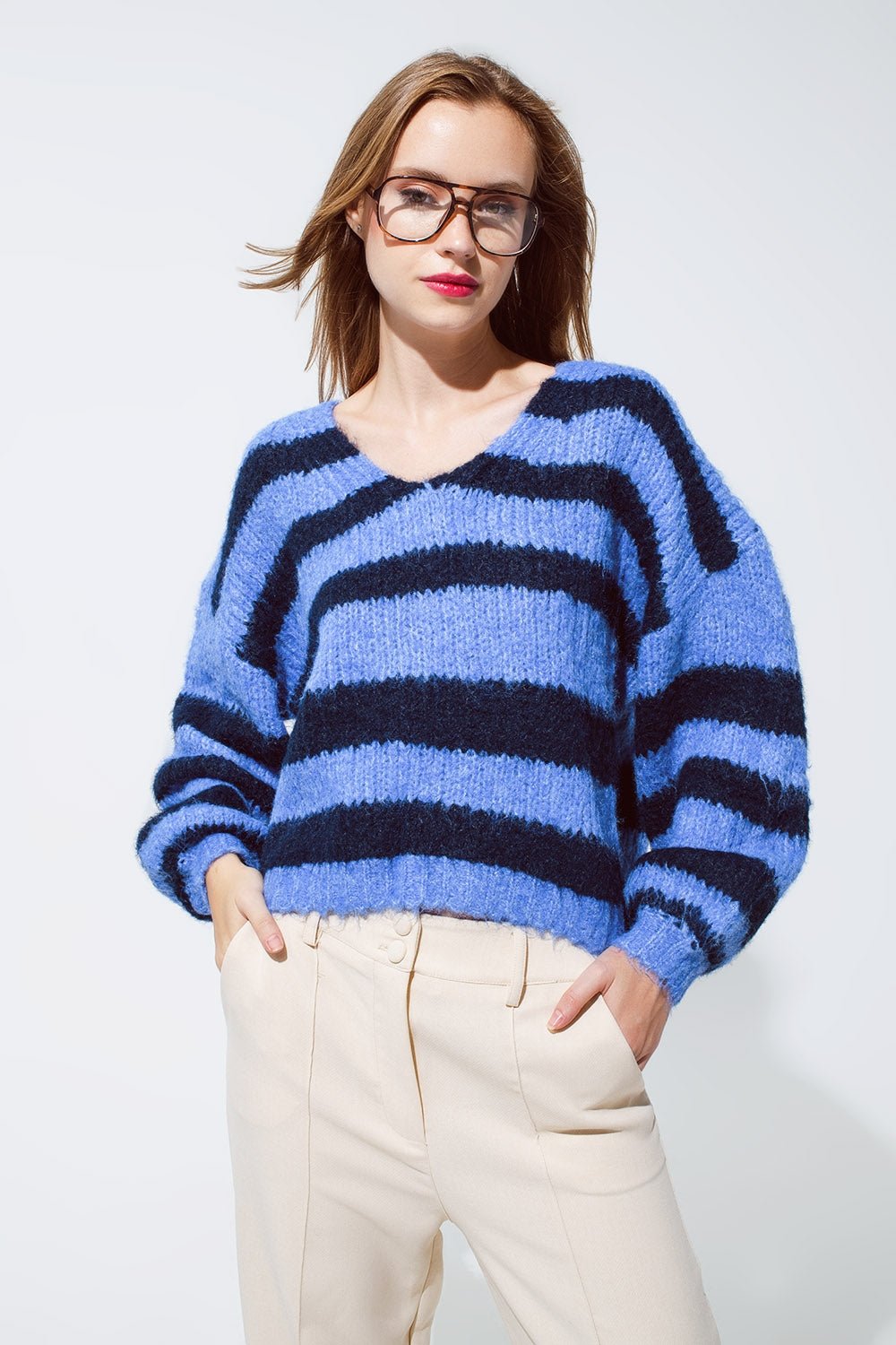 Oversized Blue Stripy Fluffy Sweater With Balloon Sleeves - Mack & Harvie