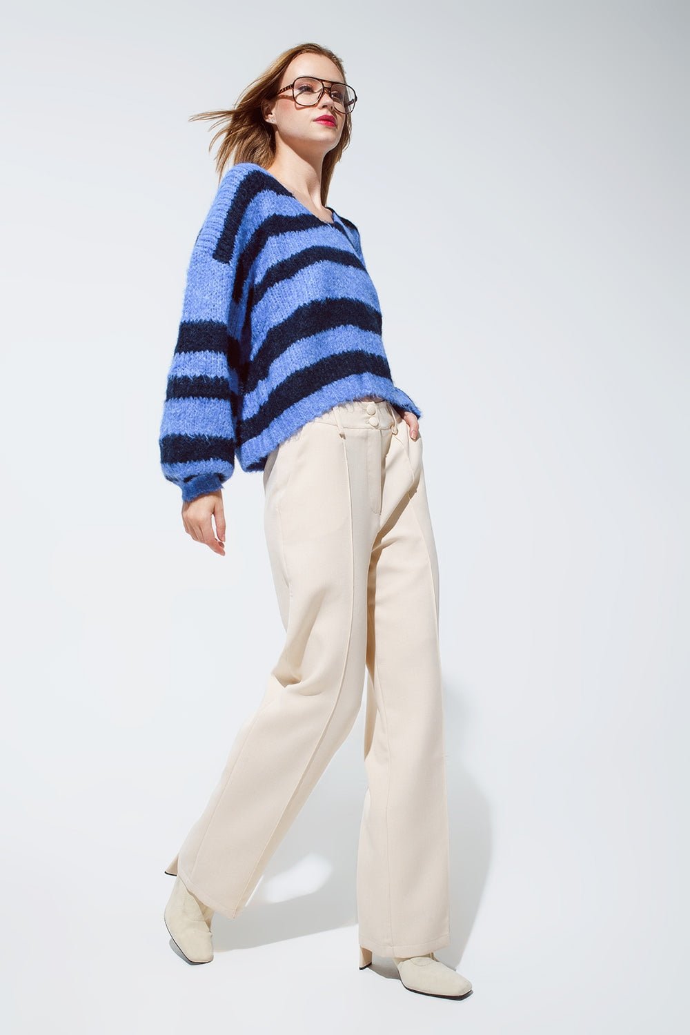 Oversized Blue Stripy Fluffy Sweater With Balloon Sleeves - Mack & Harvie