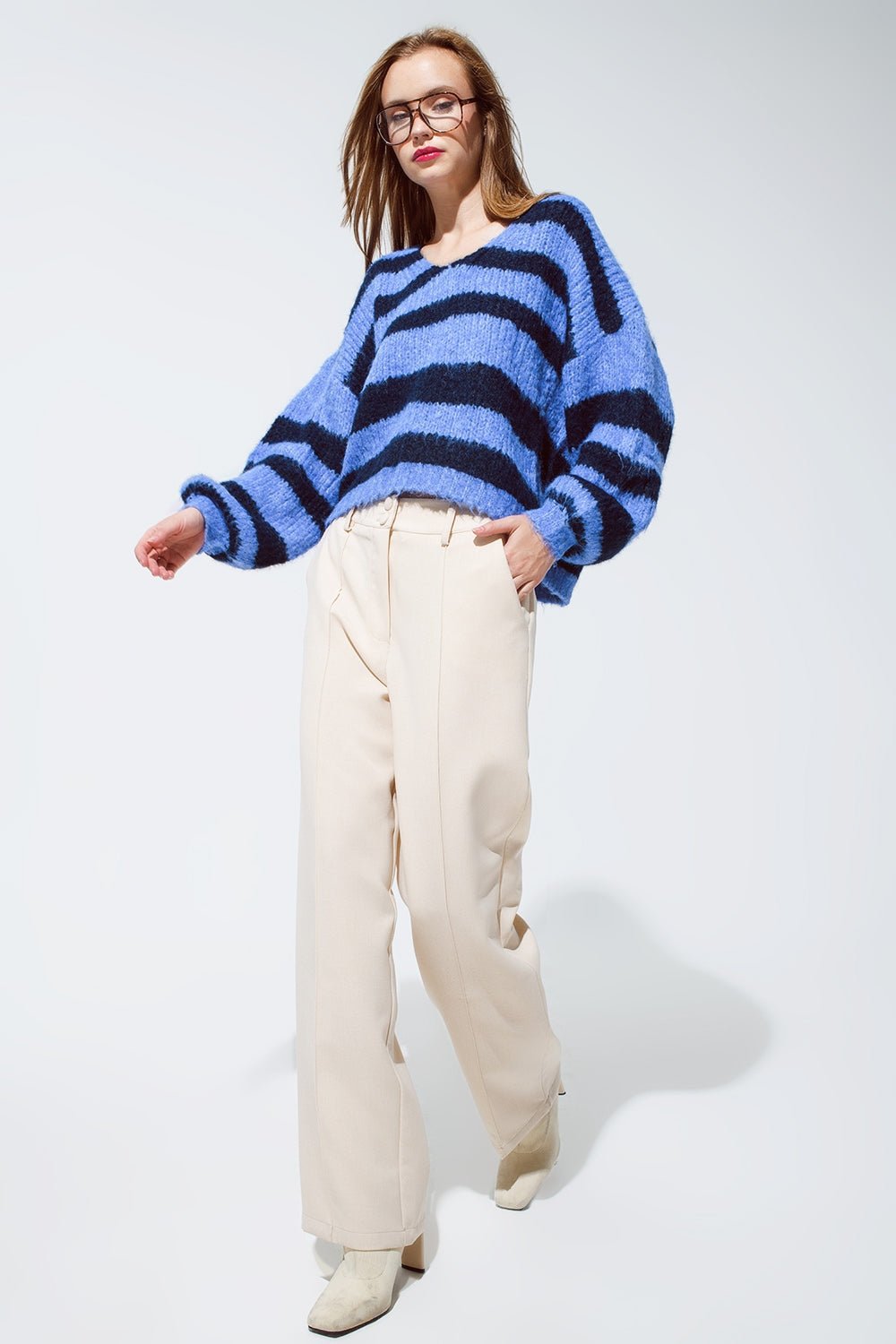 Oversized Blue Stripy Fluffy Sweater With Balloon Sleeves - Mack & Harvie