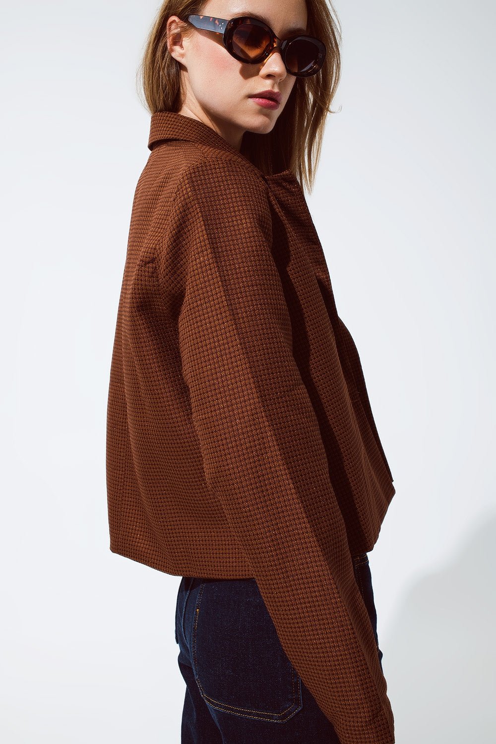 Oversized Cropped Blazer Vichy Design and Metallic Details in Brown - Mack & Harvie