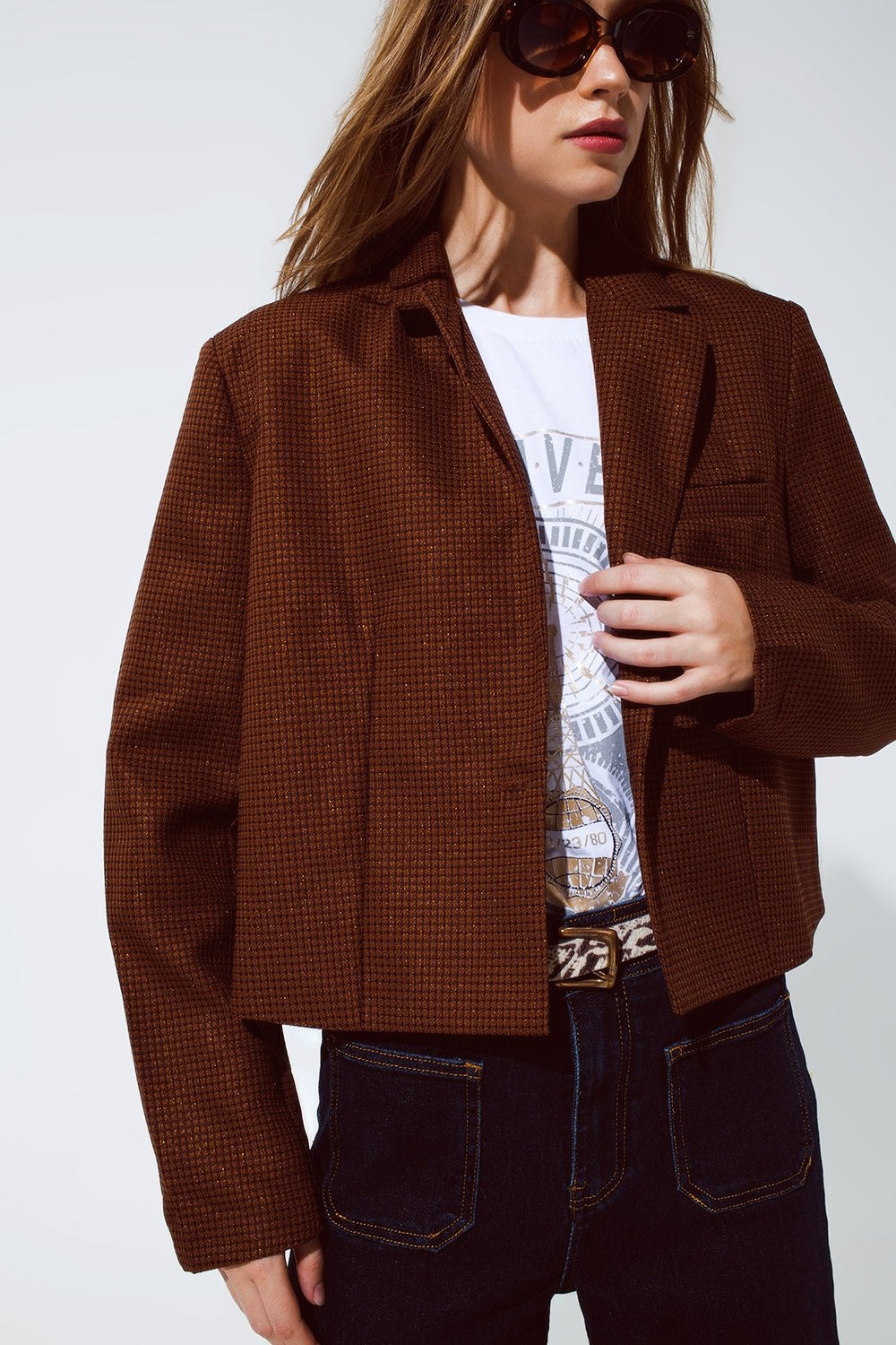 Oversized Cropped Blazer Vichy Design and Metallic Details in Brown - Mack & Harvie