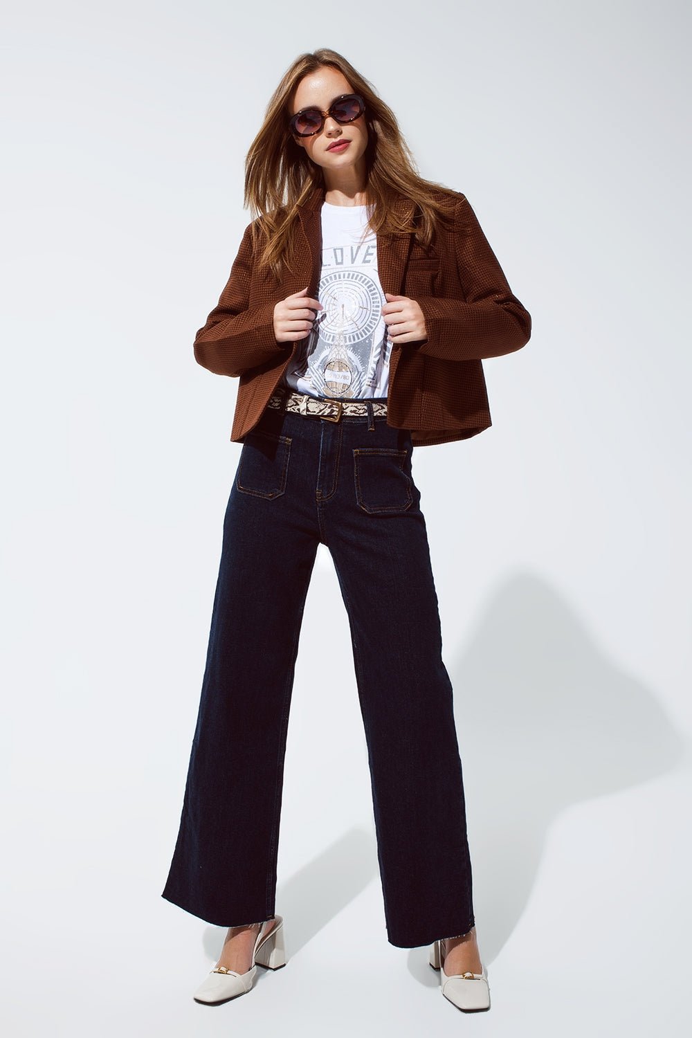 Oversized Cropped Blazer Vichy Design and Metallic Details in Brown - Mack & Harvie