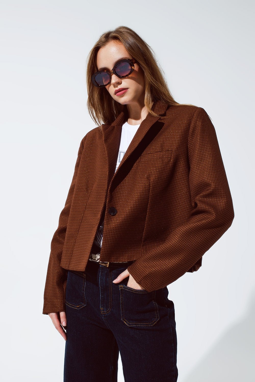 Oversized Cropped Blazer Vichy Design and Metallic Details in Brown - Mack & Harvie