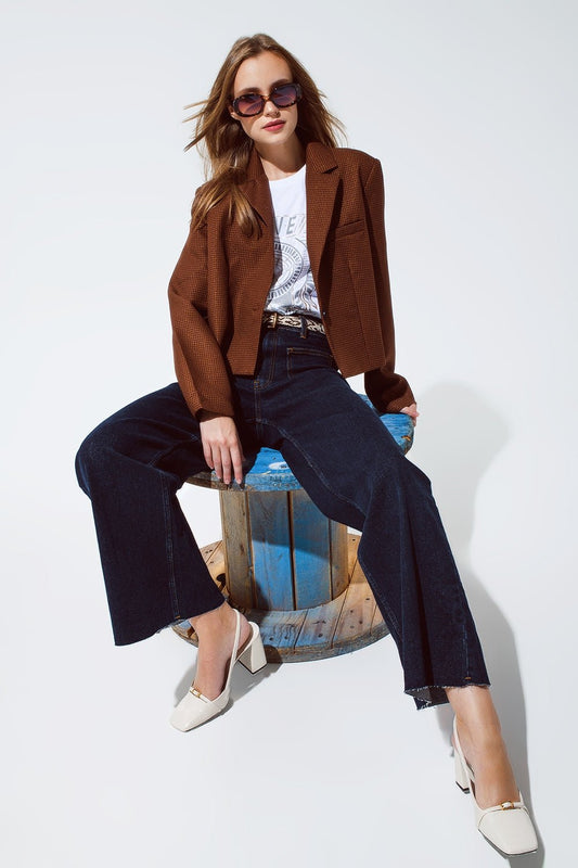 Oversized Cropped Blazer Vichy Design and Metallic Details in Brown - Mack & Harvie