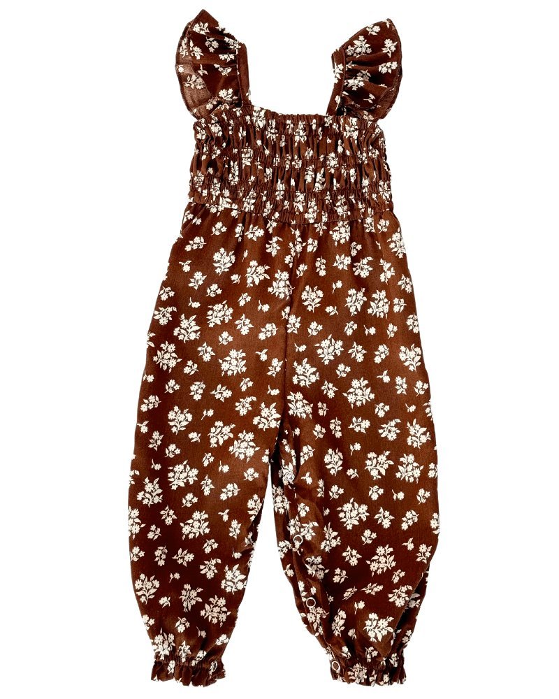 Paisley Smocked Ruffle Jumpsuit - Brown Floral - Mack & Harvie