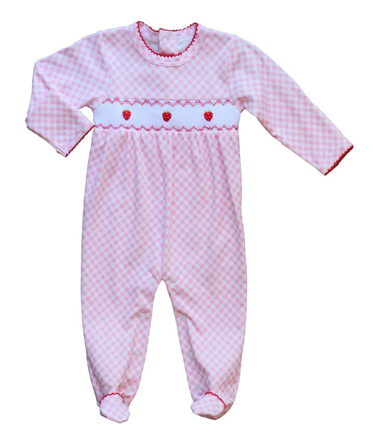 Pink Gingham Strawberry Smocked Footie - Mack & Harvie