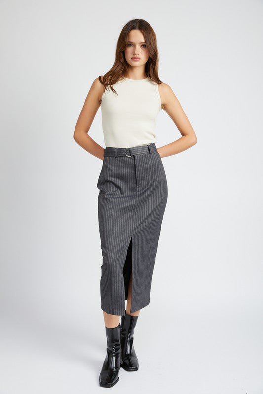 PINSTRIPE MIDI SKIRT WITH SLIT - Mack & Harvie