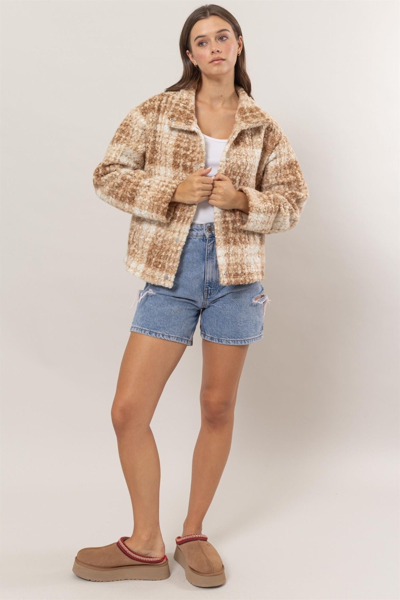 Plaid Collared Neck Boucle Jacket with Pockets - Mack & Harvie