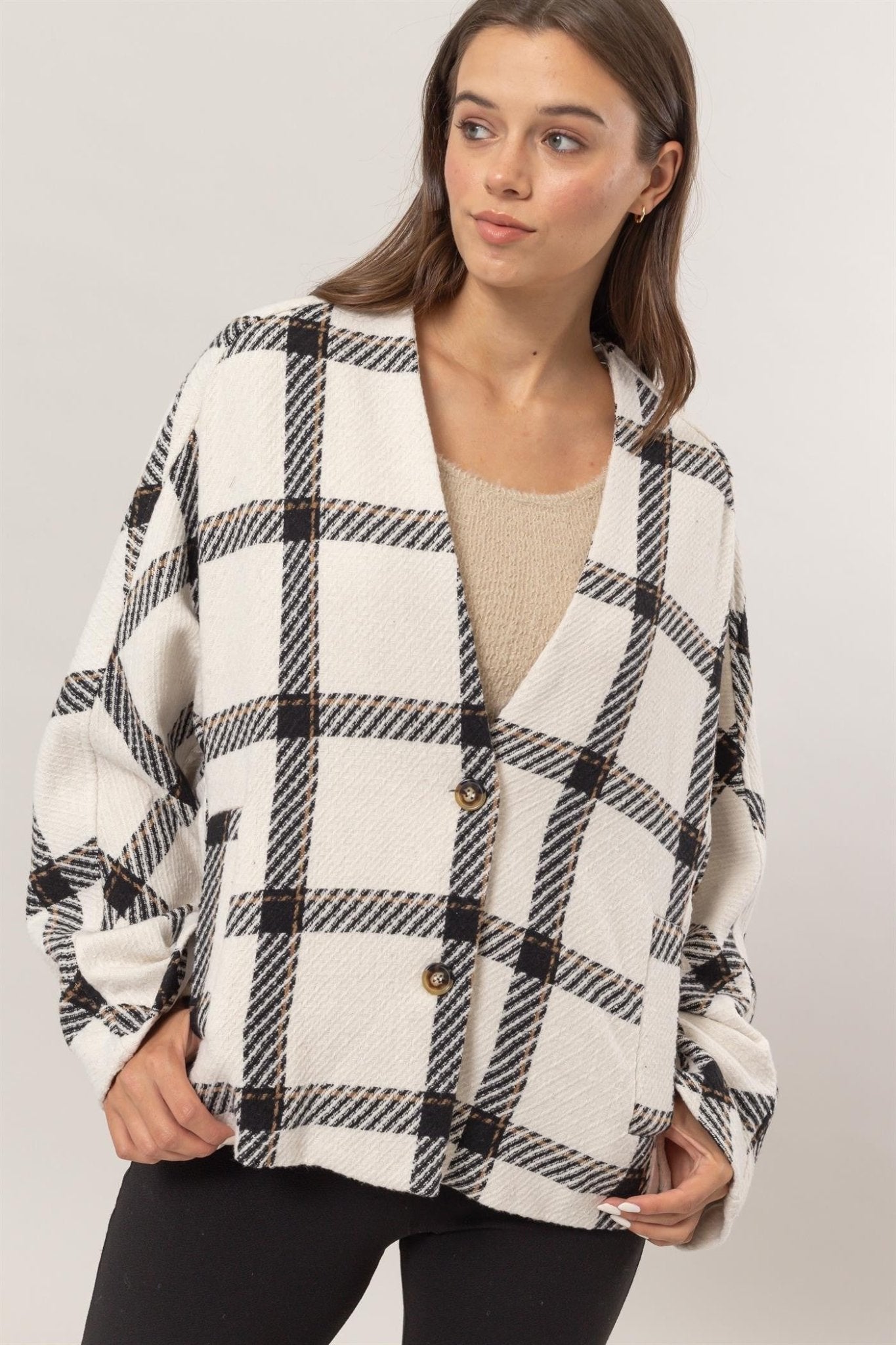 Plaid Long Sleeve Jacket with Side Slit Pockets - Mack & Harvie