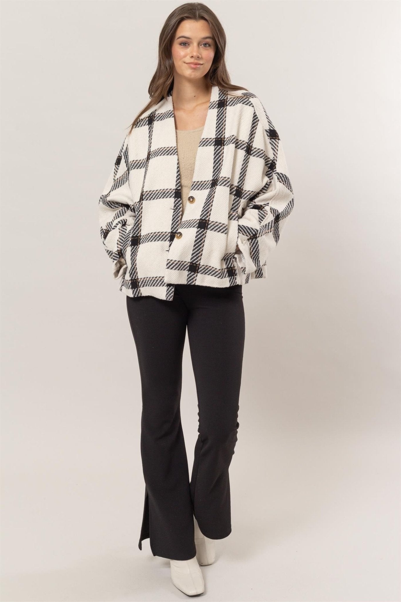 Plaid Long Sleeve Jacket with Side Slit Pockets - Mack & Harvie