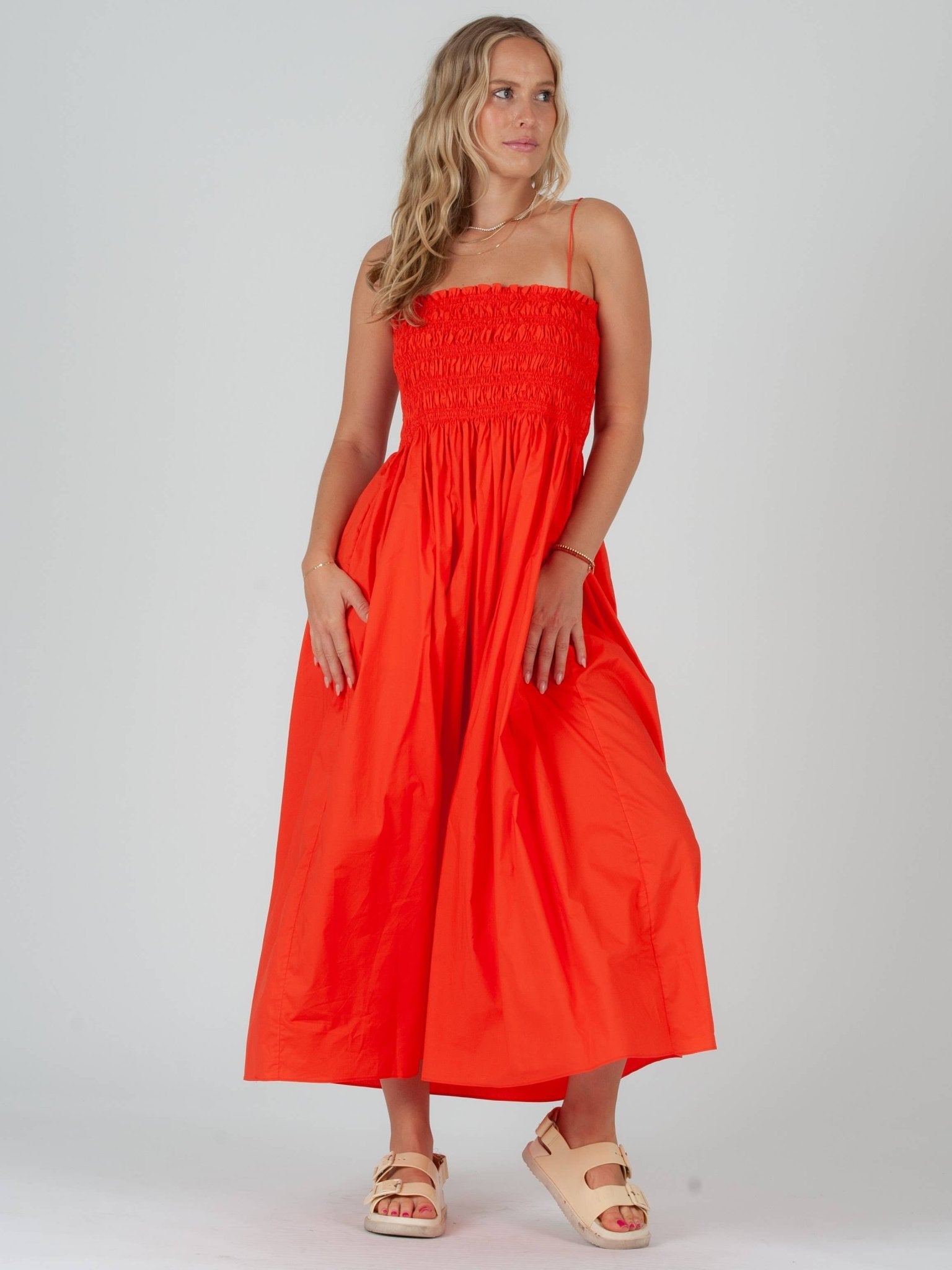 Poplin Orange Smocked Midi Dress - Mack & Harvie