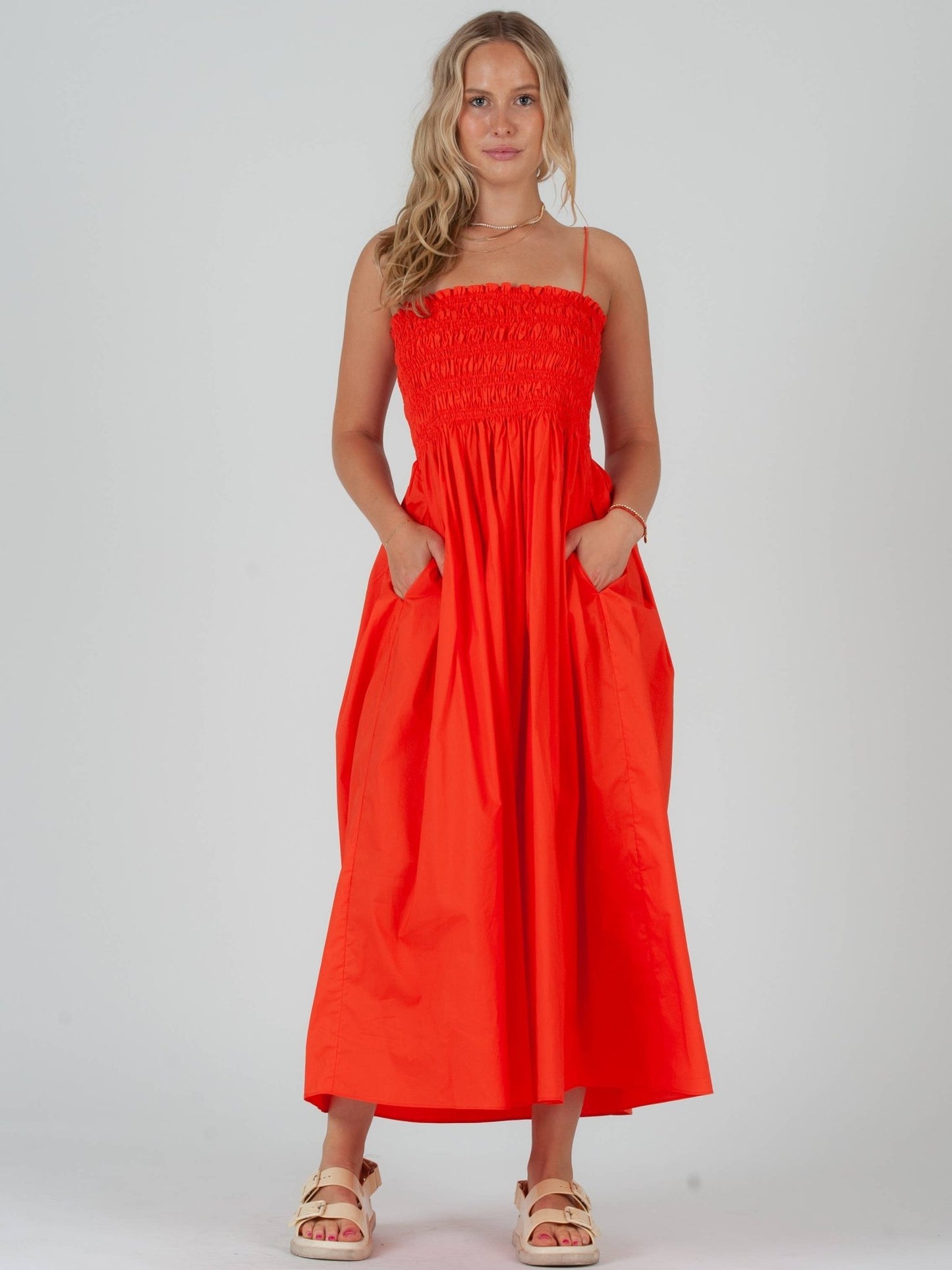 Poplin Orange Smocked Midi Dress - Mack & Harvie