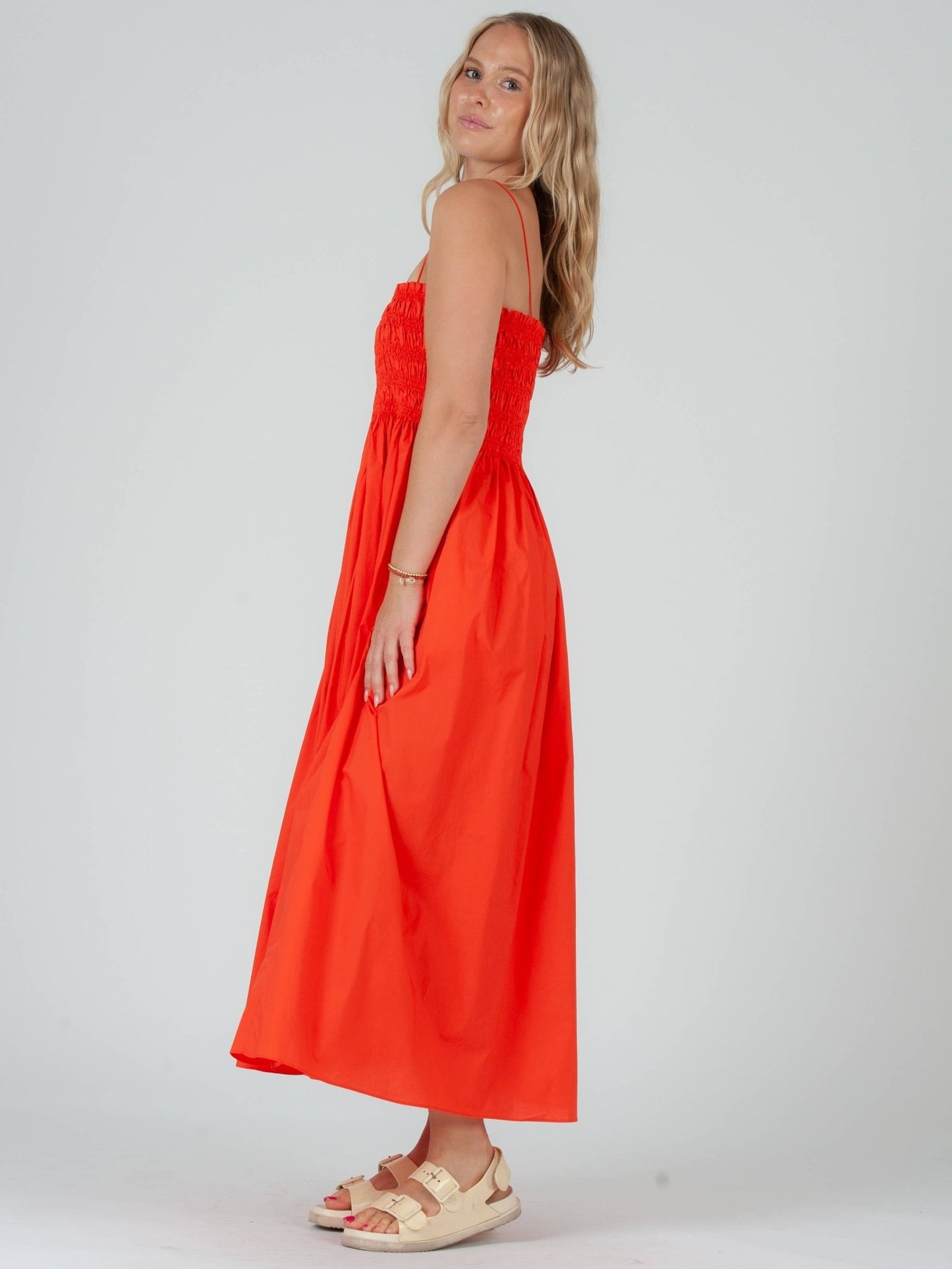 Poplin Orange Smocked Midi Dress - Mack & Harvie