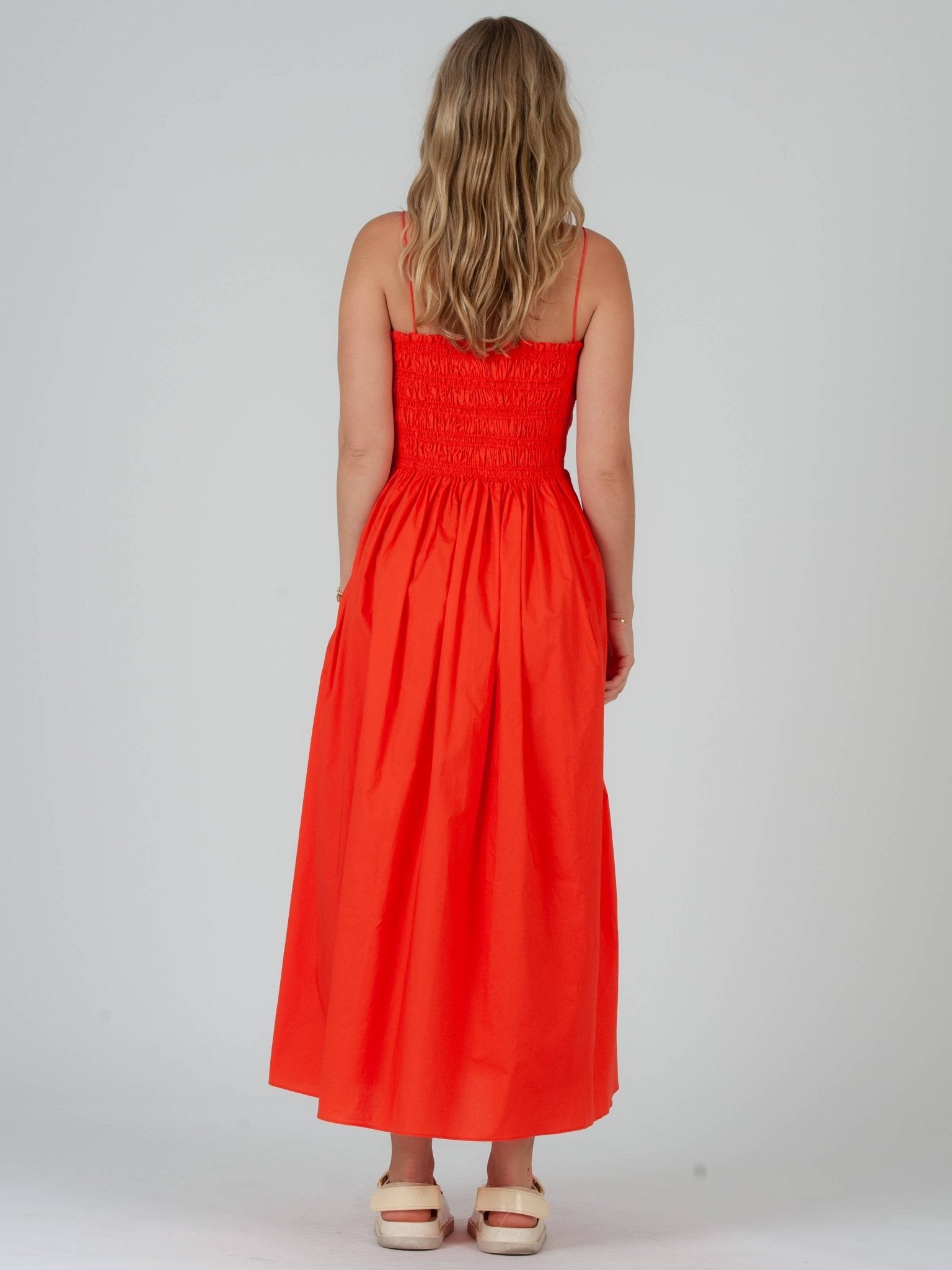 Poplin Orange Smocked Midi Dress - Mack & Harvie