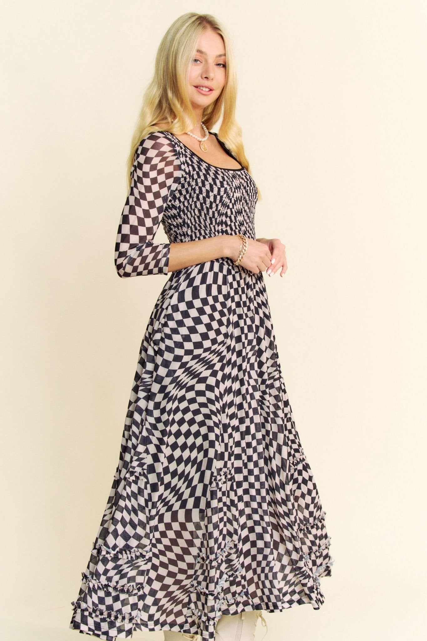 PRINTED CHECKER MESH FLOWY SKIRT MAXI DRESS - Mack & Harvie