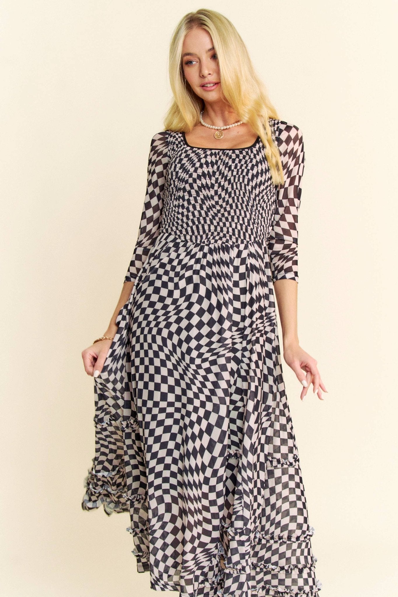 PRINTED CHECKER MESH FLOWY SKIRT MAXI DRESS - Mack & Harvie