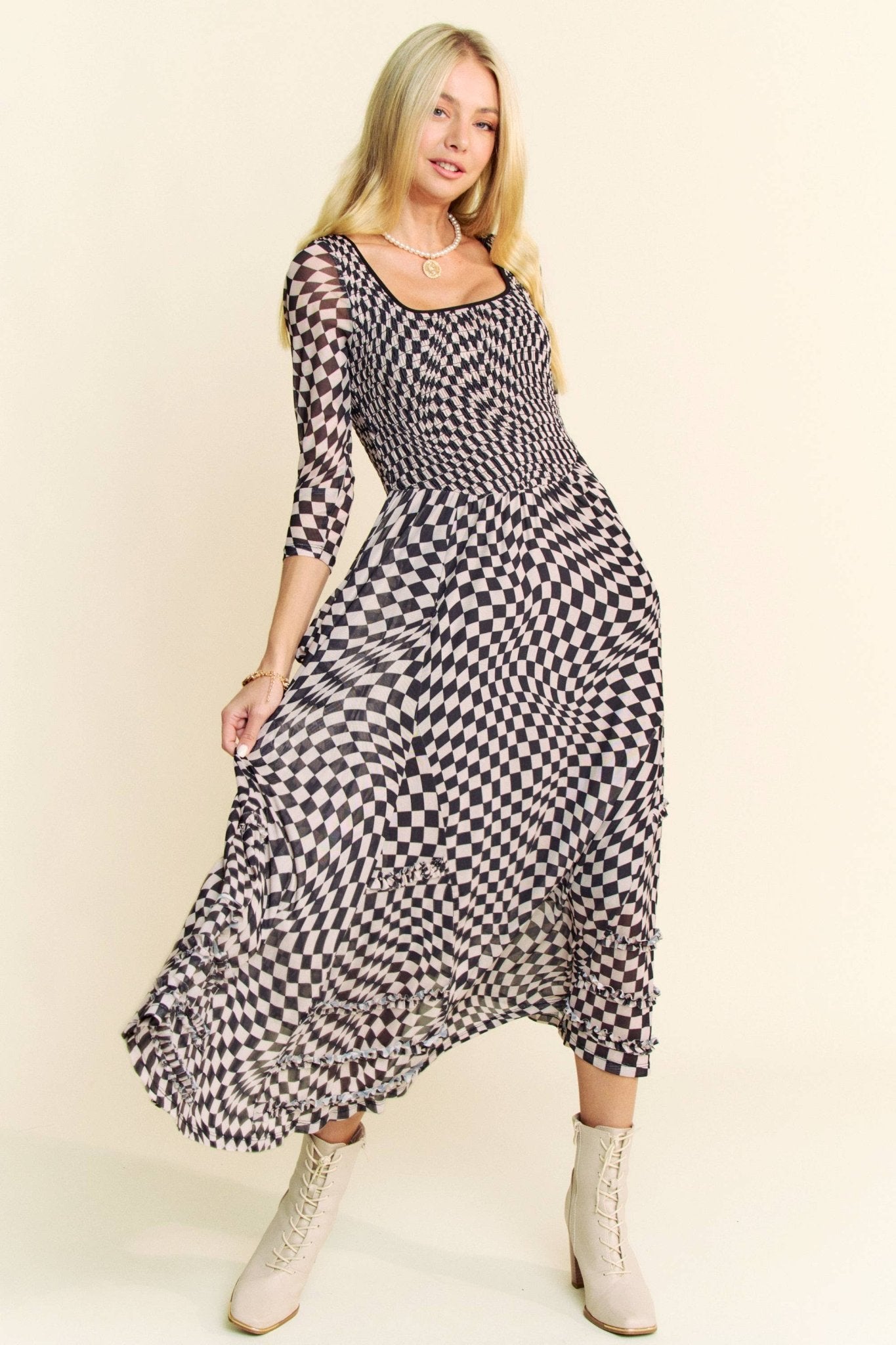 PRINTED CHECKER MESH FLOWY SKIRT MAXI DRESS - Mack & Harvie