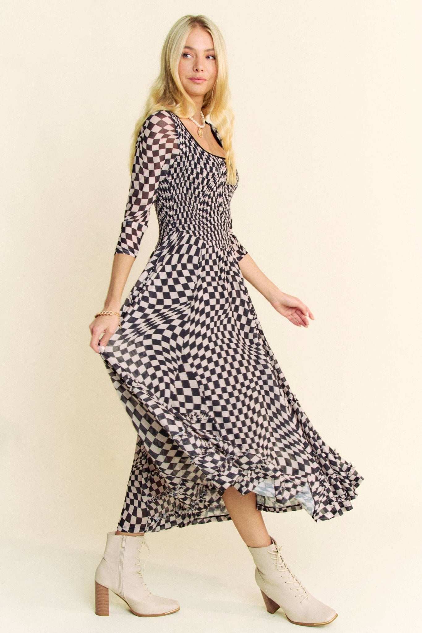 PRINTED CHECKER MESH FLOWY SKIRT MAXI DRESS - Mack & Harvie