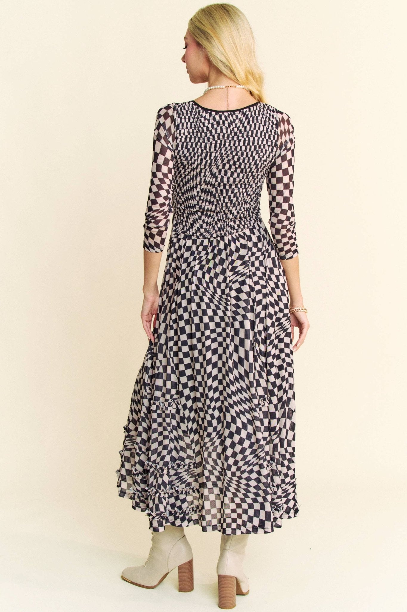 PRINTED CHECKER MESH FLOWY SKIRT MAXI DRESS - Mack & Harvie