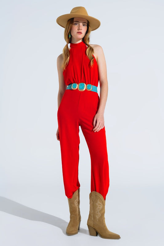 Red Jumpsuit With Crossed Halter Neckline - Mack & Harvie