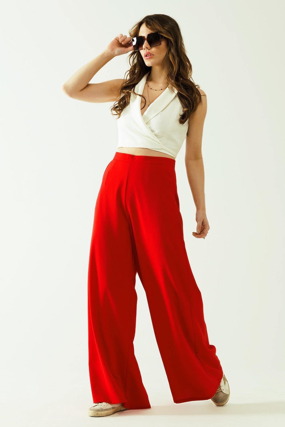 Red Wide Leg Basic Flared Pants - Mack & Harvie