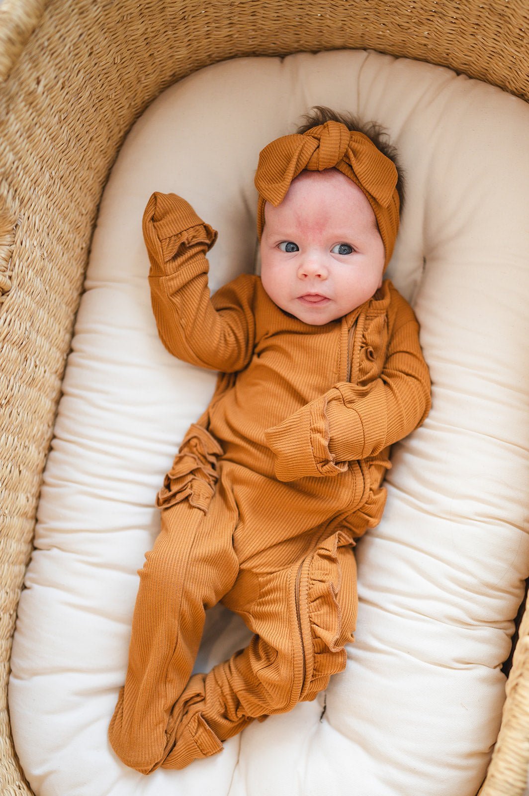 Ruffle Zipper One Piece - Caramel Ribbed - Mack & Harvie