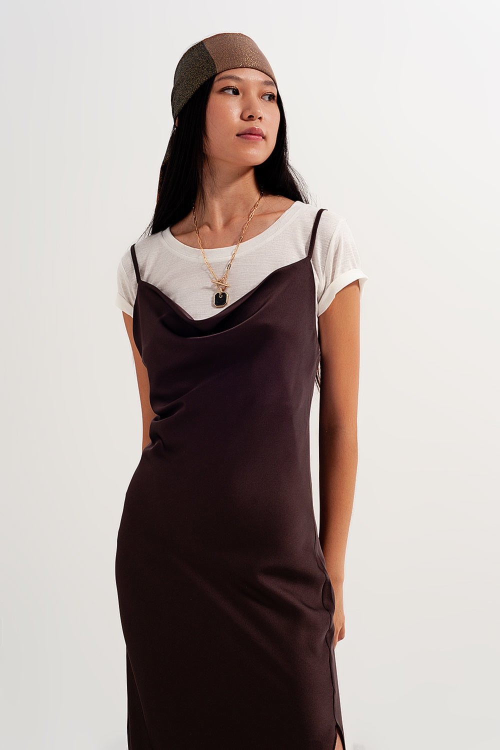 Satin Cami Strap Mini Dress in Brown - Mack & Harvie