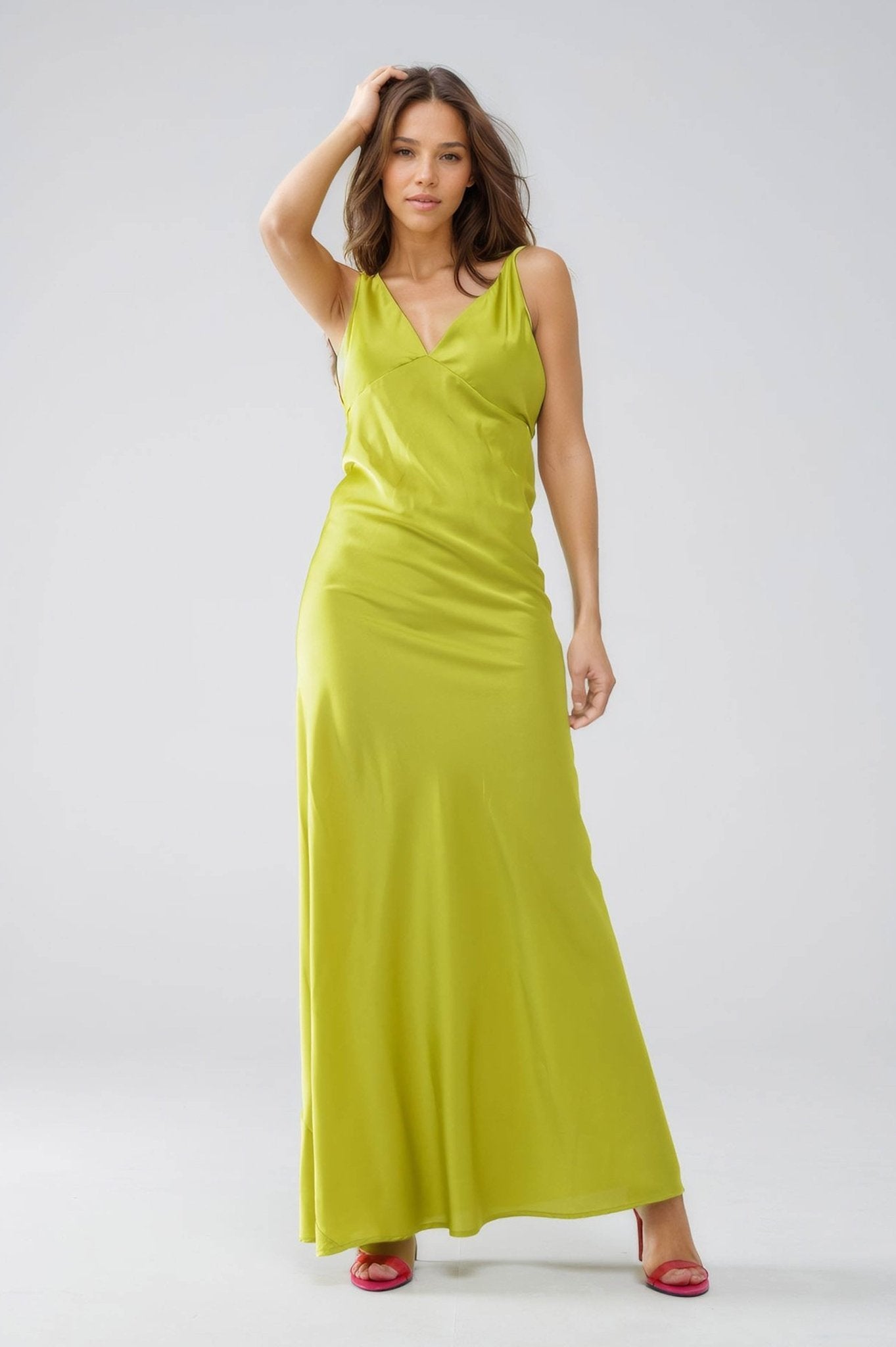 Satin Maxi Dress With Spaghetti Straps in Lime Green - Mack & Harvie