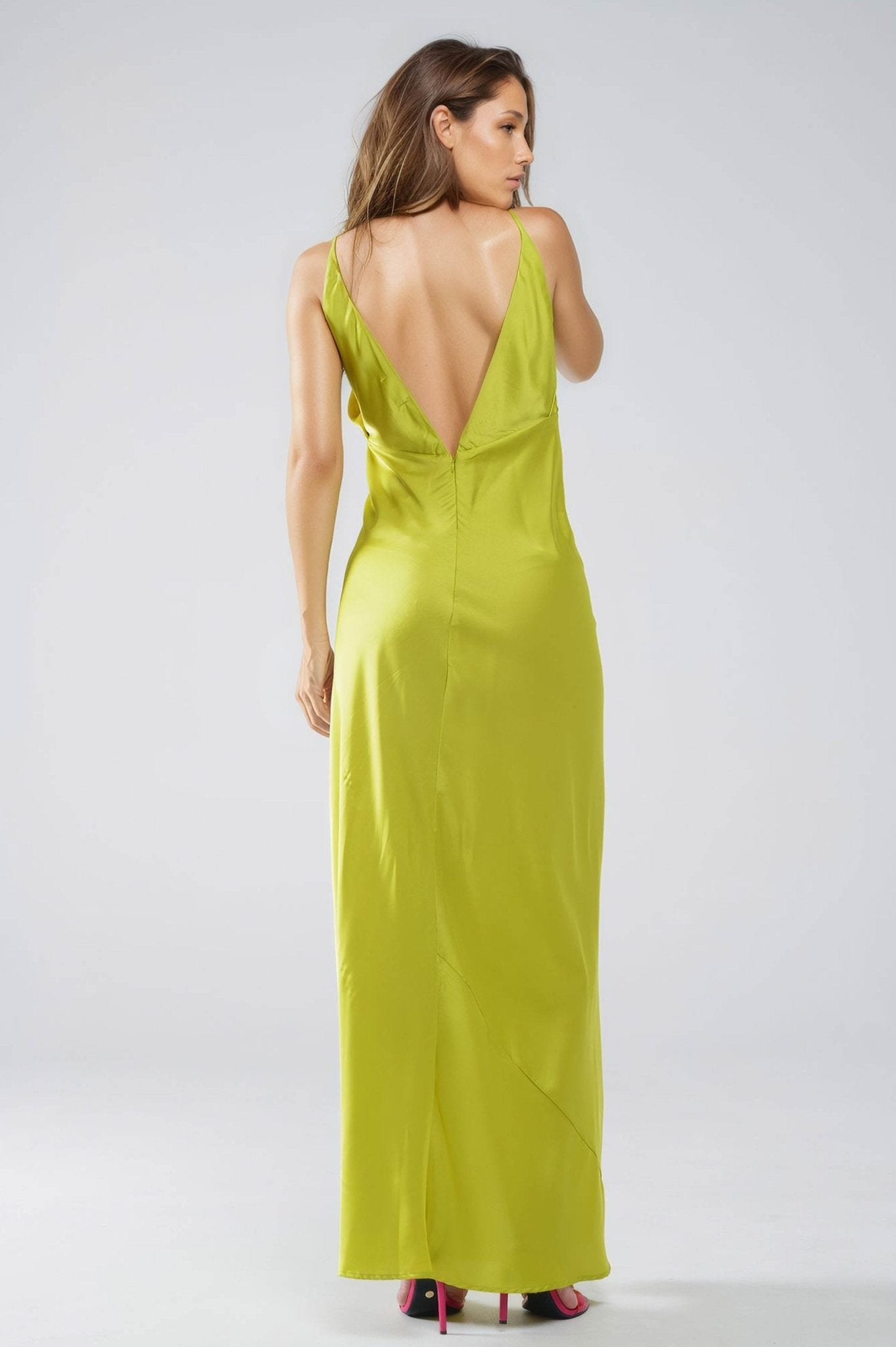 Satin Maxi Dress With Spaghetti Straps in Lime Green - Mack & Harvie