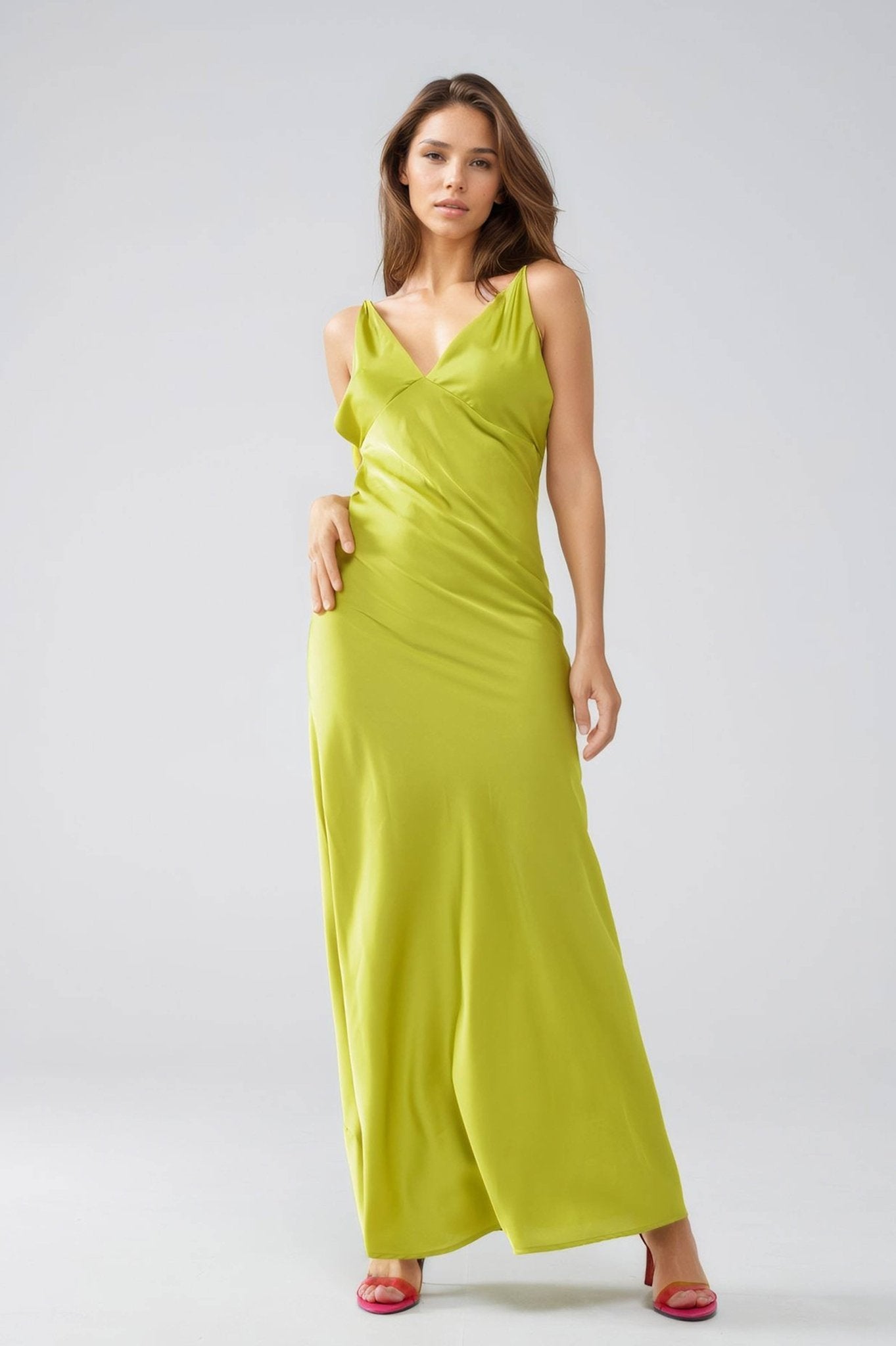 Satin Maxi Dress With Spaghetti Straps in Lime Green - Mack & Harvie