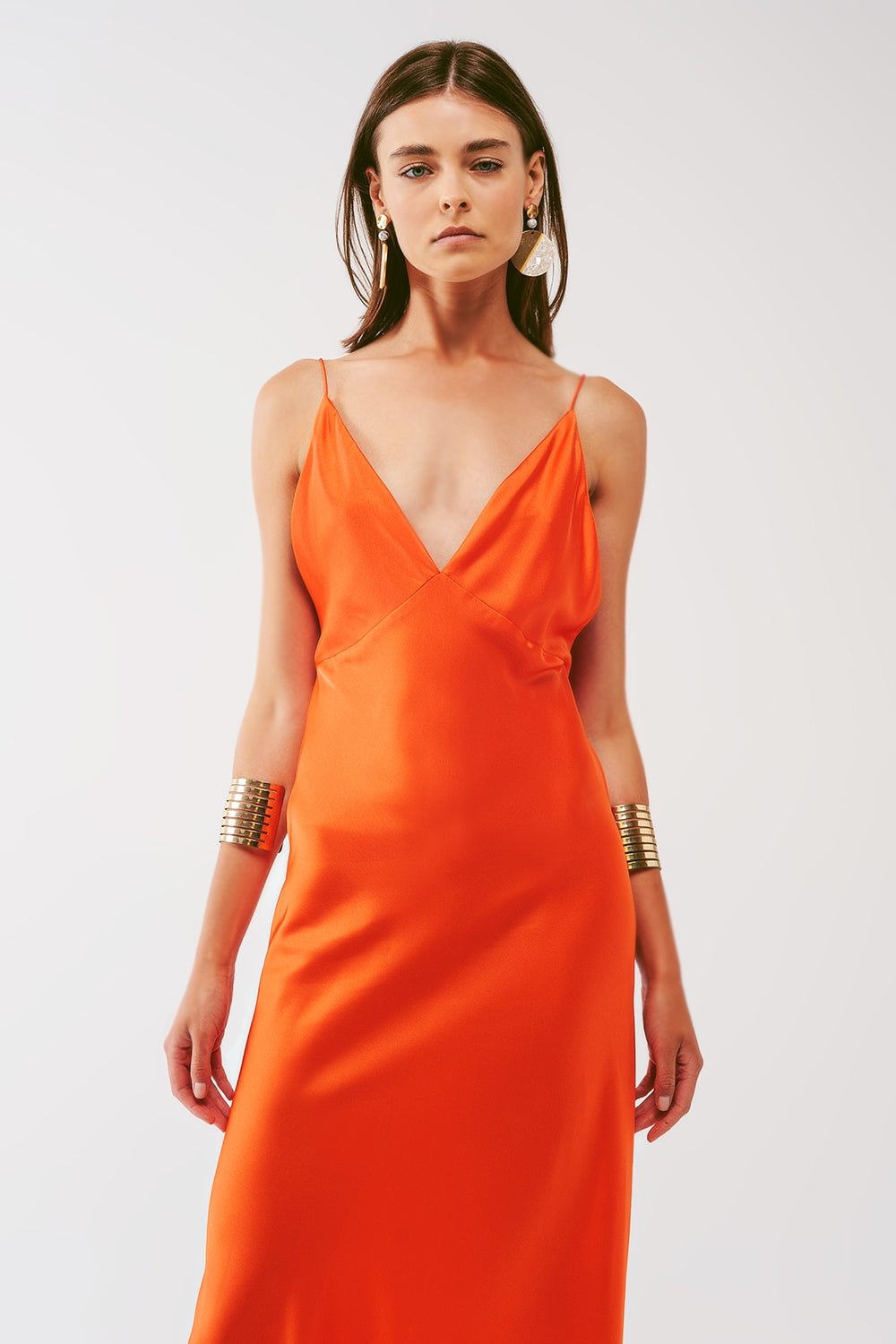 Satin Maxi Dress With Spaghetti Straps in Orange - Mack & Harvie