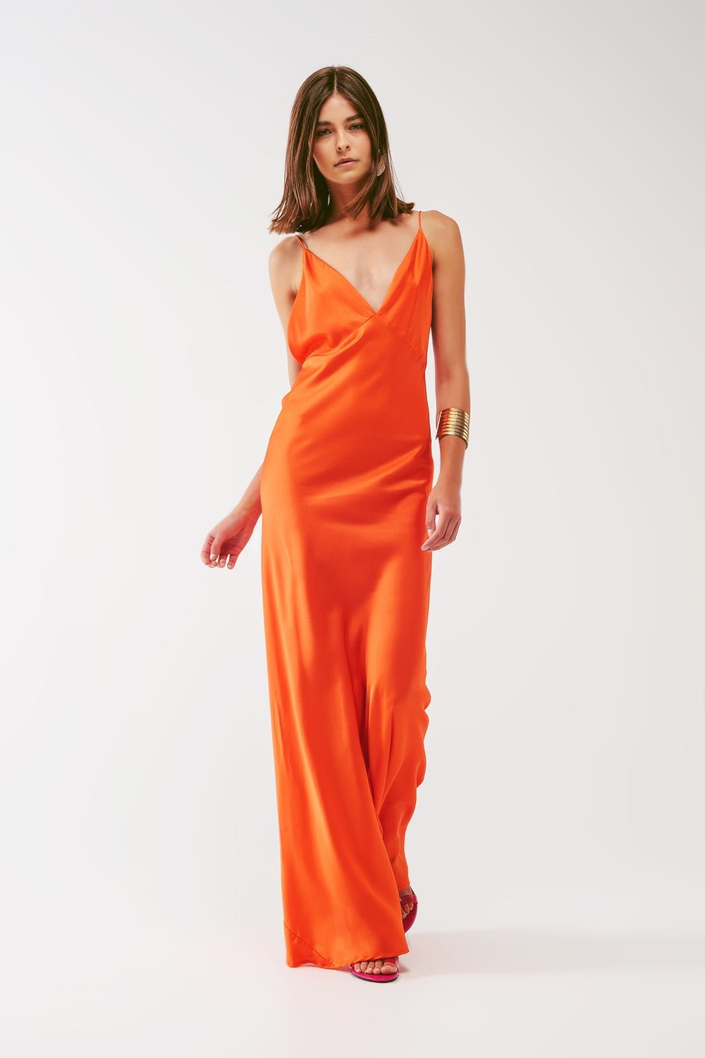 Satin Maxi Dress With Spaghetti Straps in Orange - Mack & Harvie