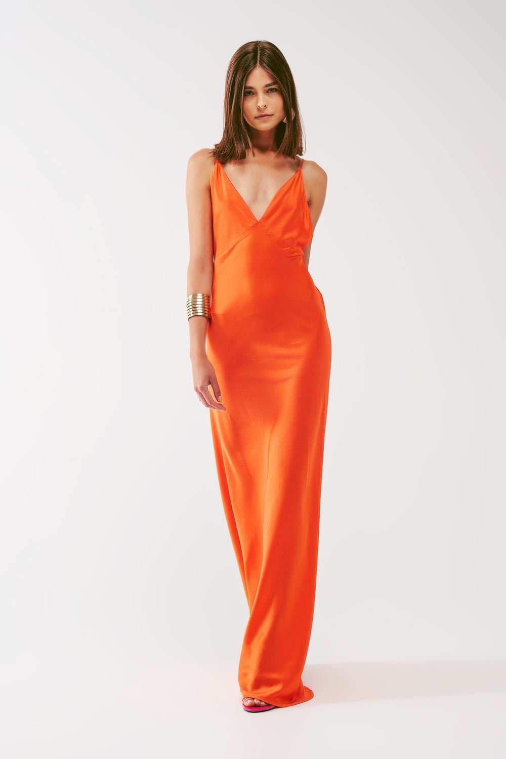 Satin Maxi Dress With Spaghetti Straps in Orange - Mack & Harvie