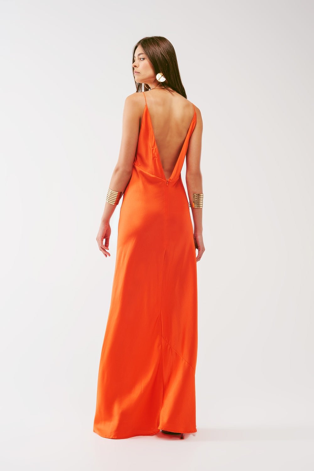 Satin Maxi Dress With Spaghetti Straps in Orange - Mack & Harvie