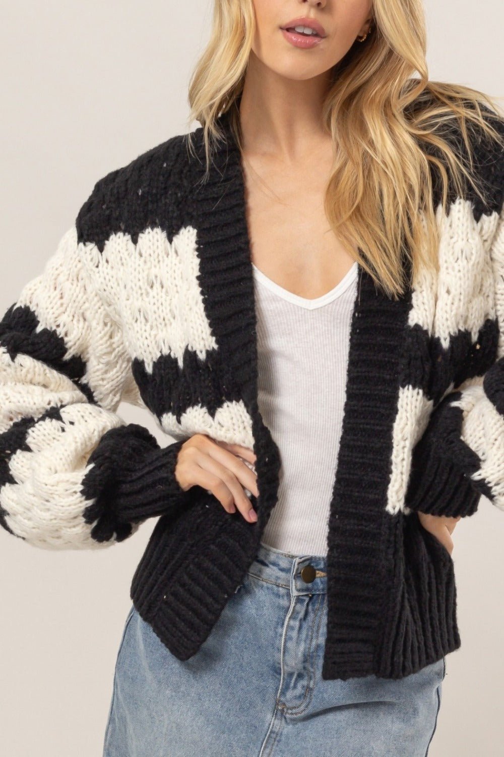 Scallop Striped Open Front Long Sleeve Sweater Cardigan - Mack & Harvie