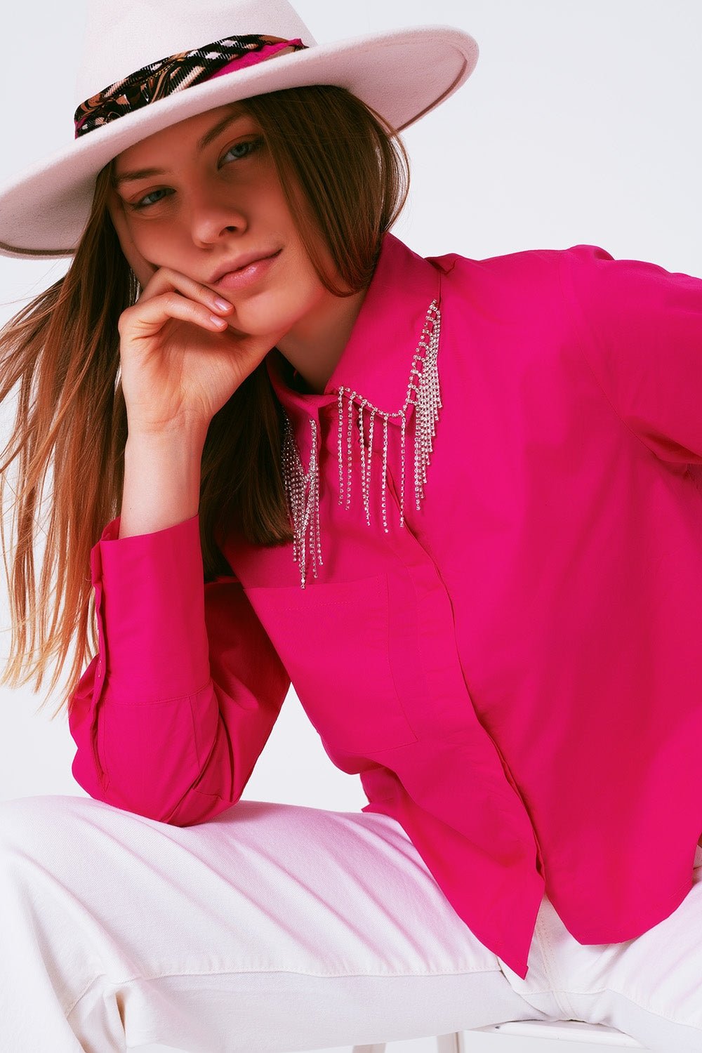 Shirt With Fringe Strass Collar in Fuxia - Mack & Harvie