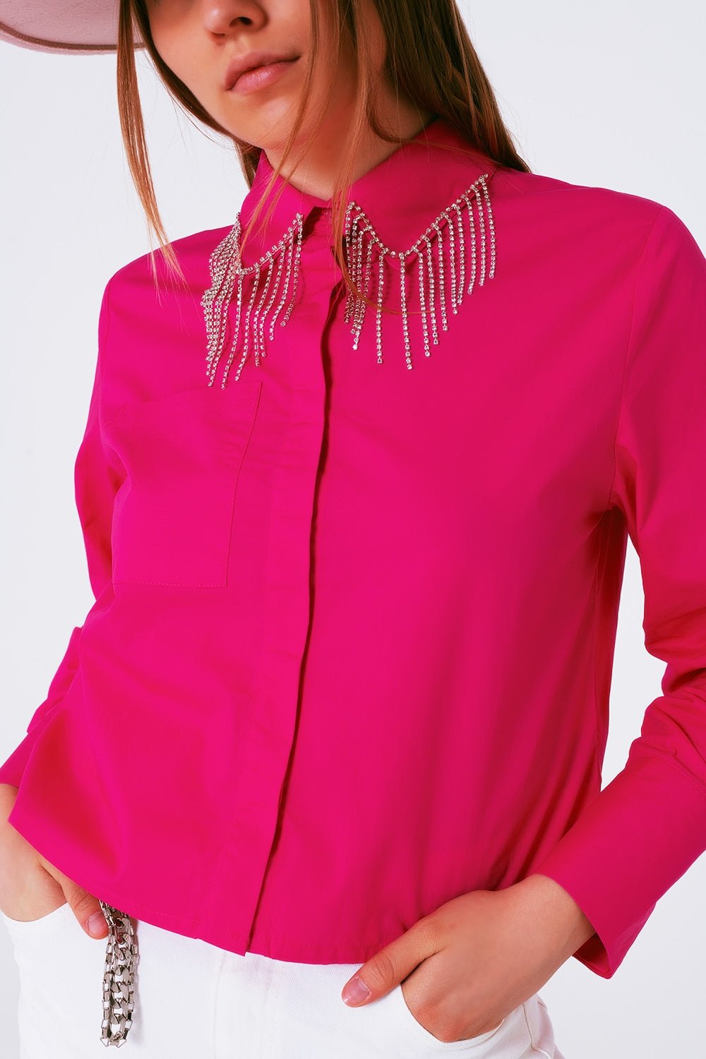 Shirt With Fringe Strass Collar in Fuxia - Mack & Harvie