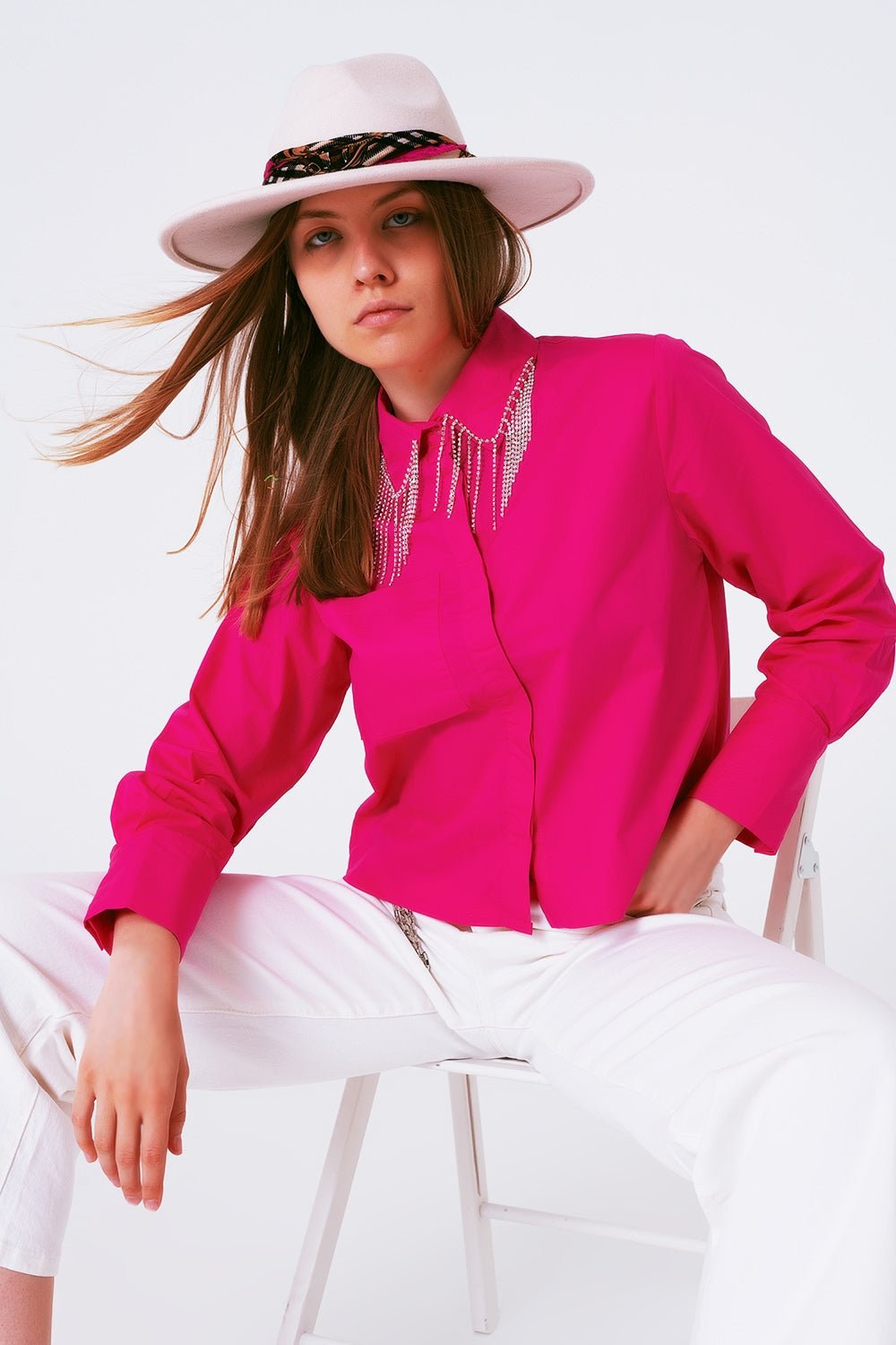 Shirt With Fringe Strass Collar in Fuxia - Mack & Harvie