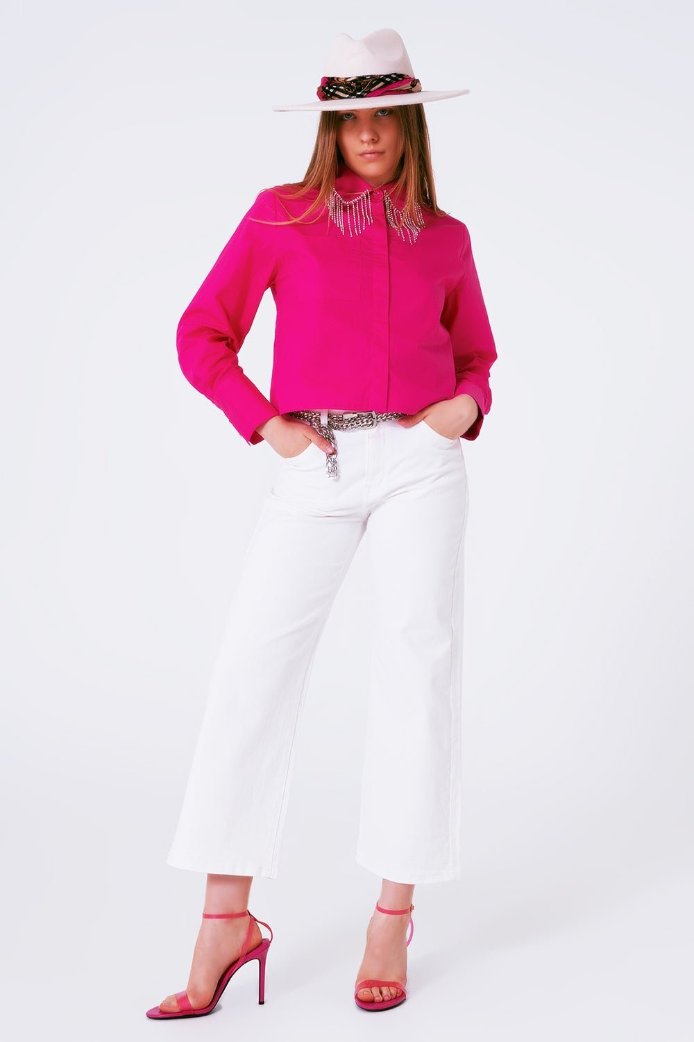 Shirt With Fringe Strass Collar in Fuxia - Mack & Harvie