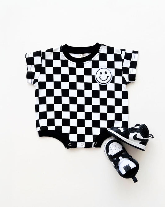 Short Sleeve Bubble Romper | Checkered Smiley Black - Mack & Harvie