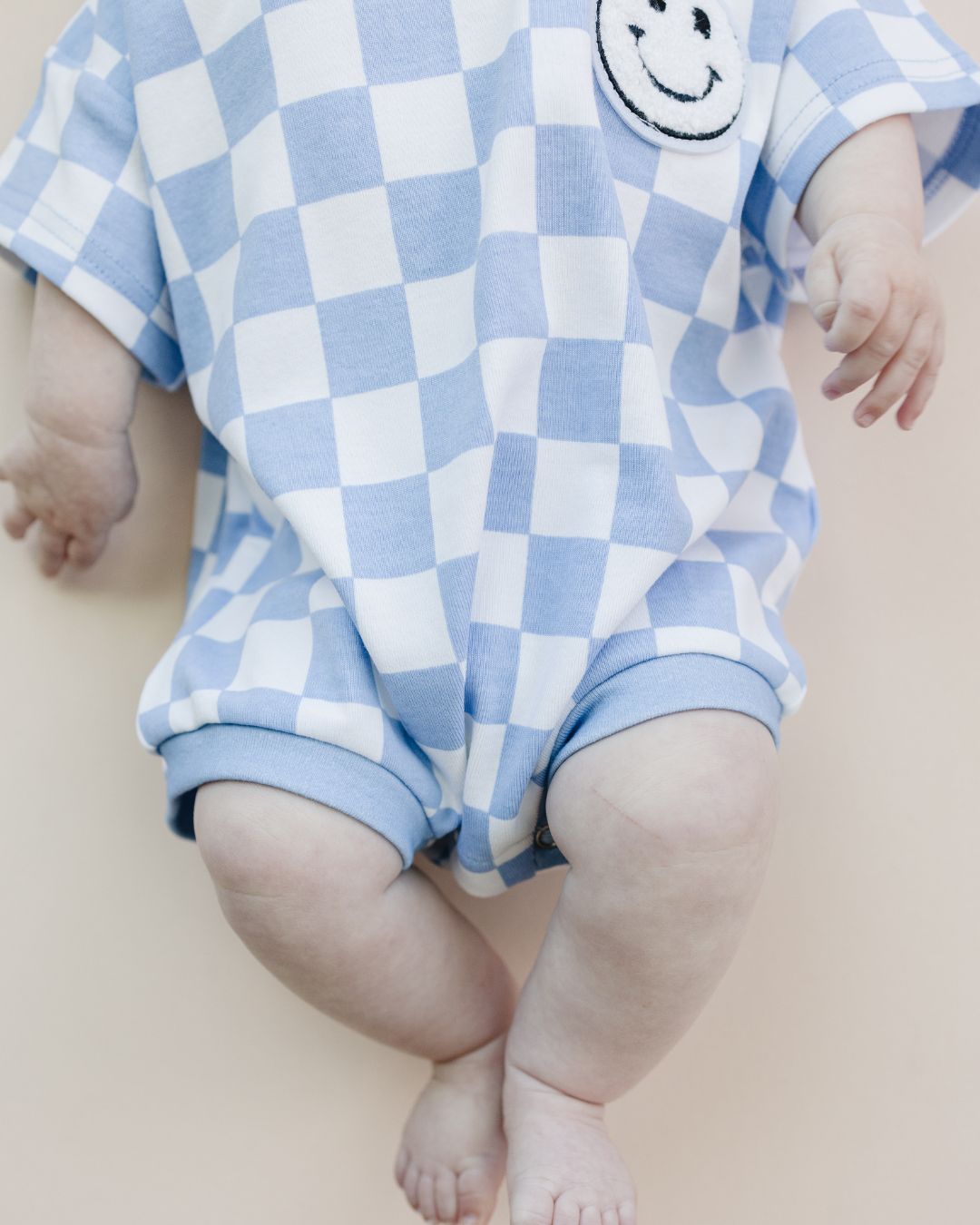 Short Sleeve Bubble Romper | Checkered Smiley Blue - Mack & Harvie