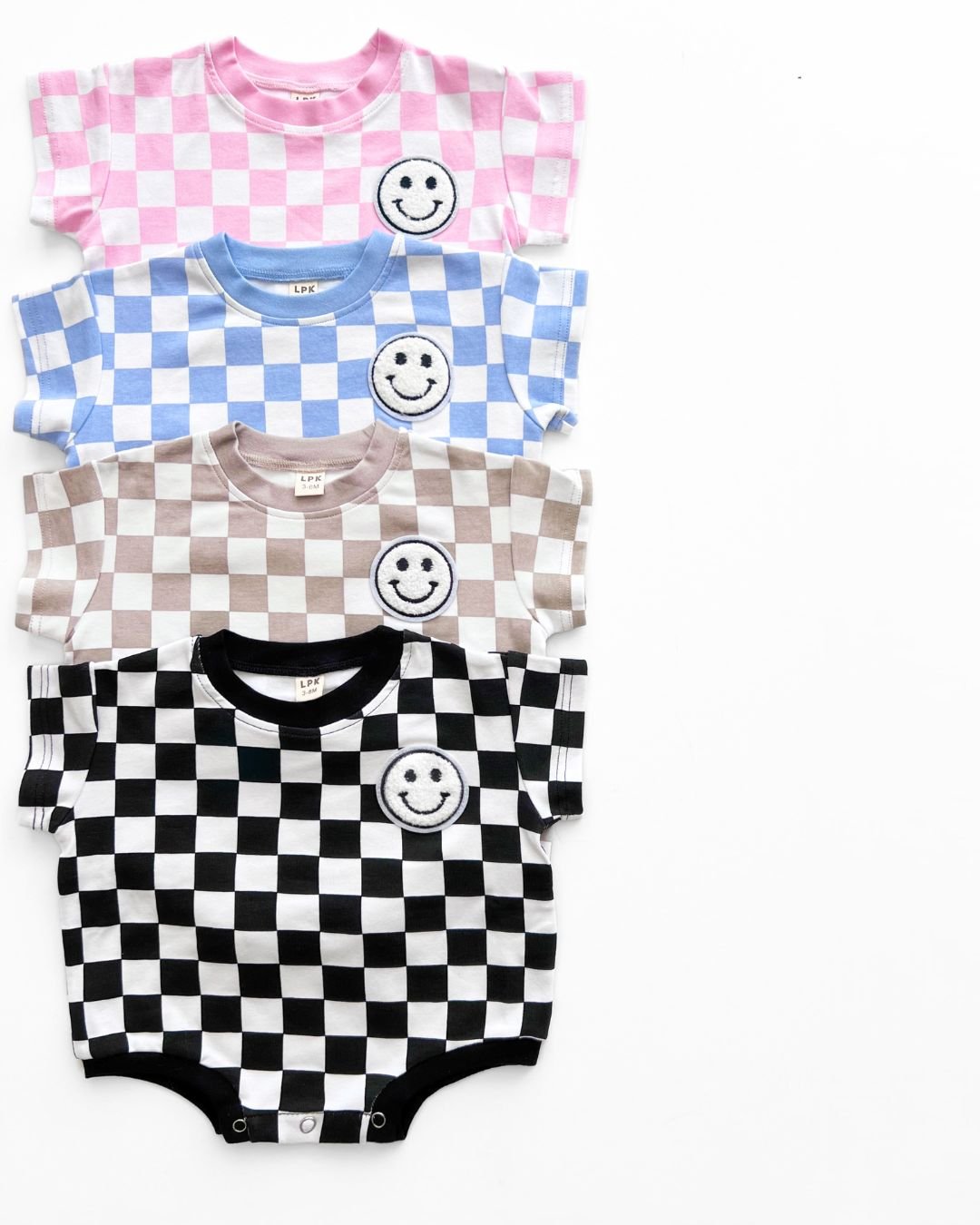 Short Sleeve Bubble Romper | Checkered Smiley Blue - Mack & Harvie